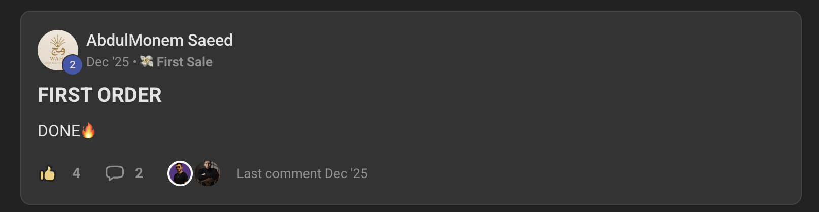 Viraleast community post documenting Abdelmonum's first sale