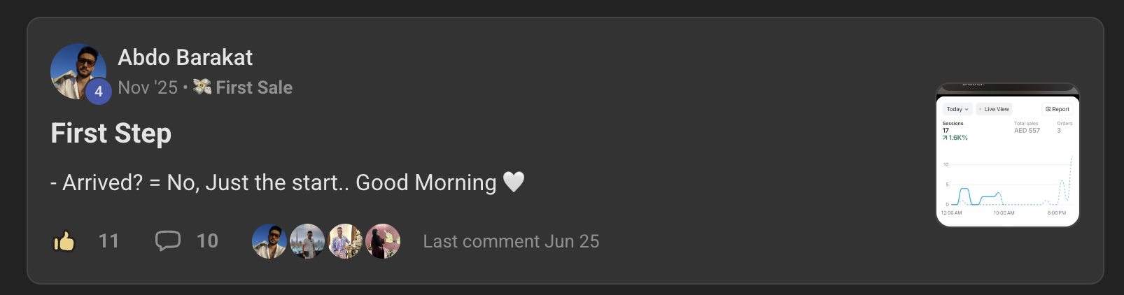 Viraleast community post documenting Abdo Barakat's first sale