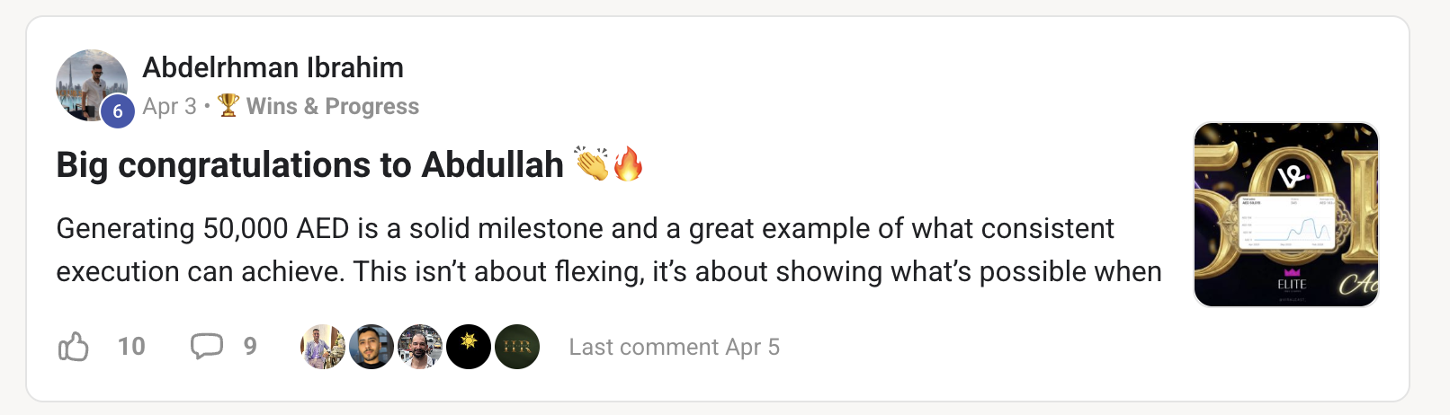 Viraleast community post documenting Abdullah's AED 50K+ revenue milestone