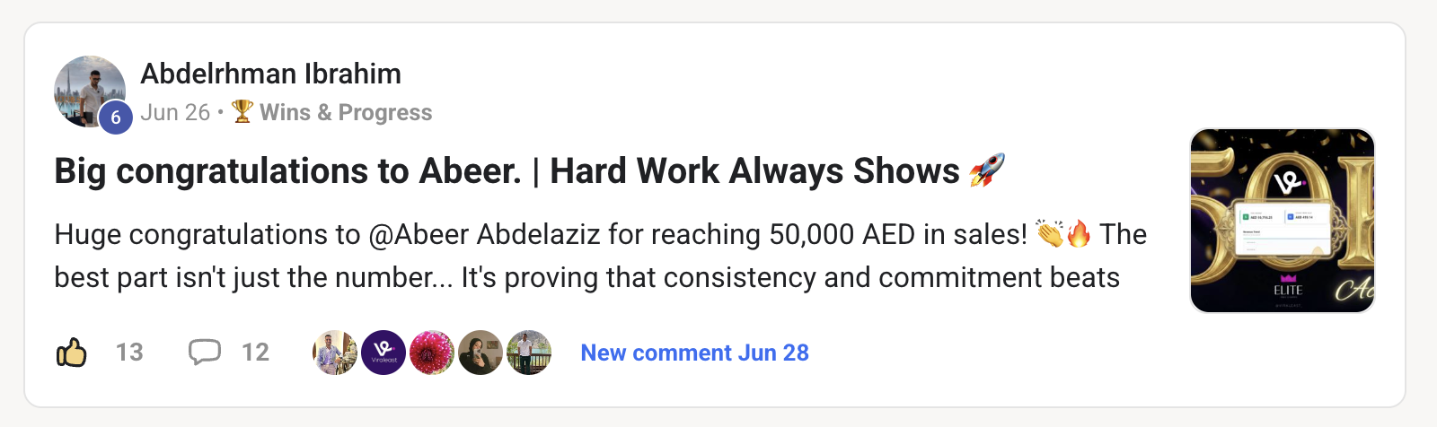 Viraleast community post documenting Abeer's AED 50K+ revenue milestone