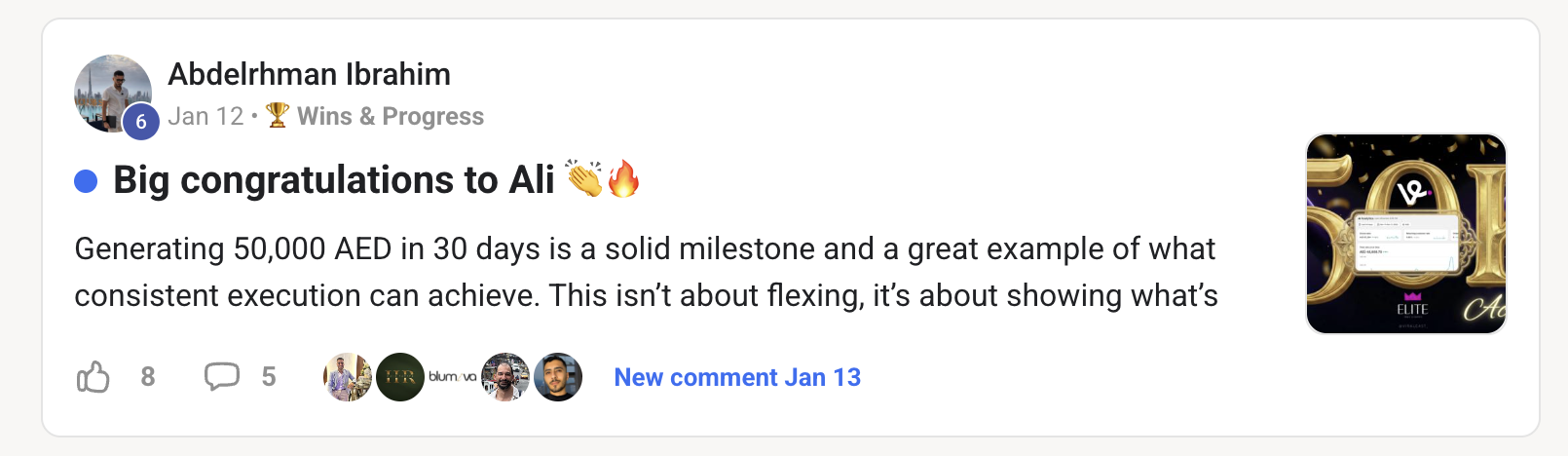 Viraleast community post documenting Ali's AED 50K+ revenue milestone